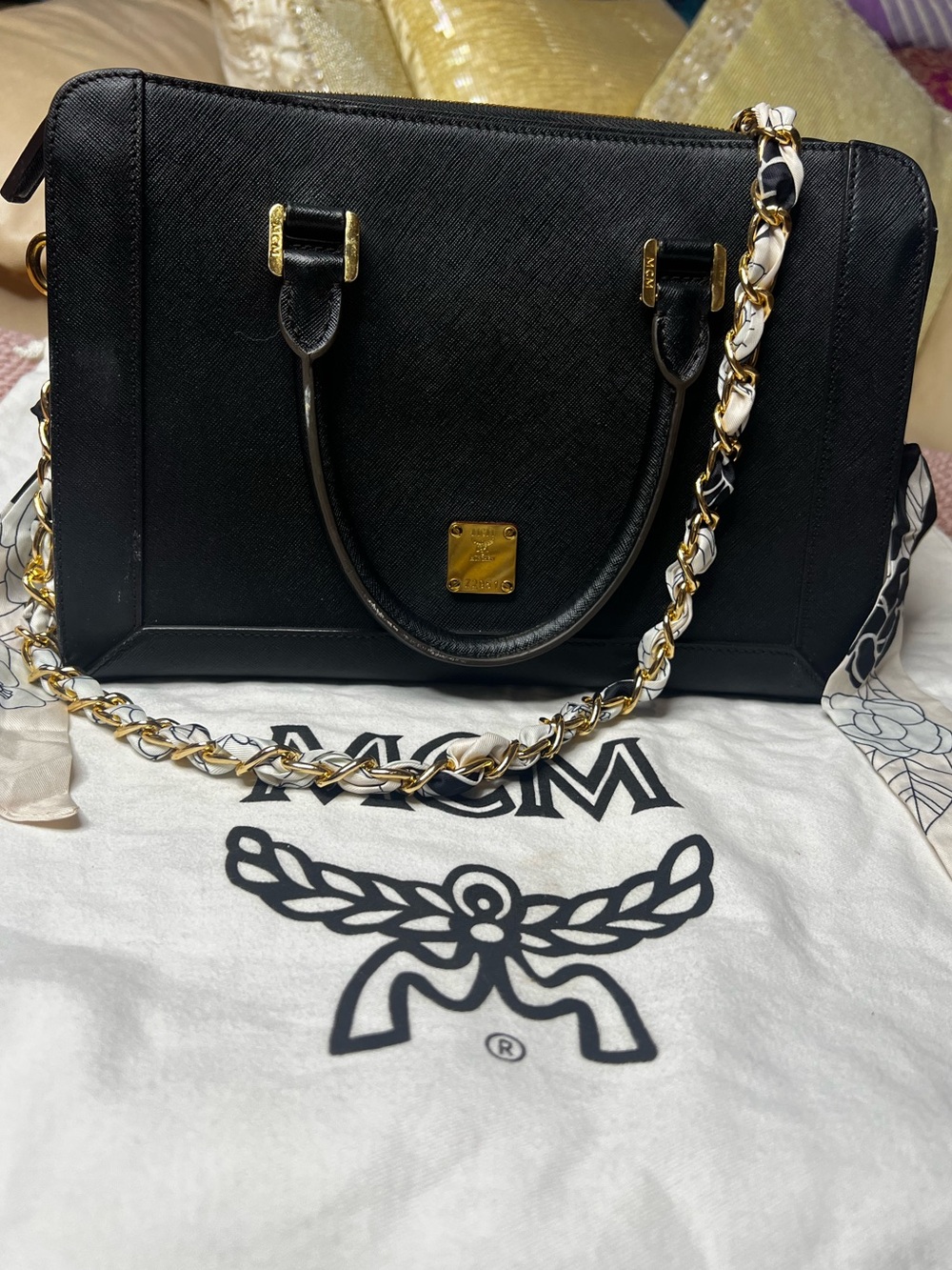 MCM Black Saffiano Leather Satchel Top Handle Crossbody Bag Gold Hardware